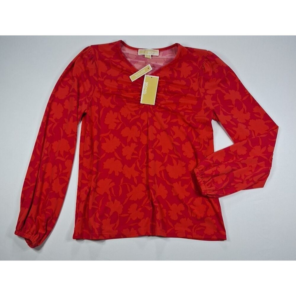 Michael Kors Petite Small Womens Deep Pink Floral Key Hole Blouse Top